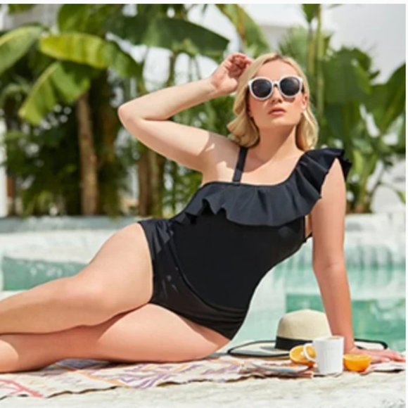 Coastal Blue Other - NWT Coastal Blue Ruffle One Shoulder Black One Piece Swimsuit Medium